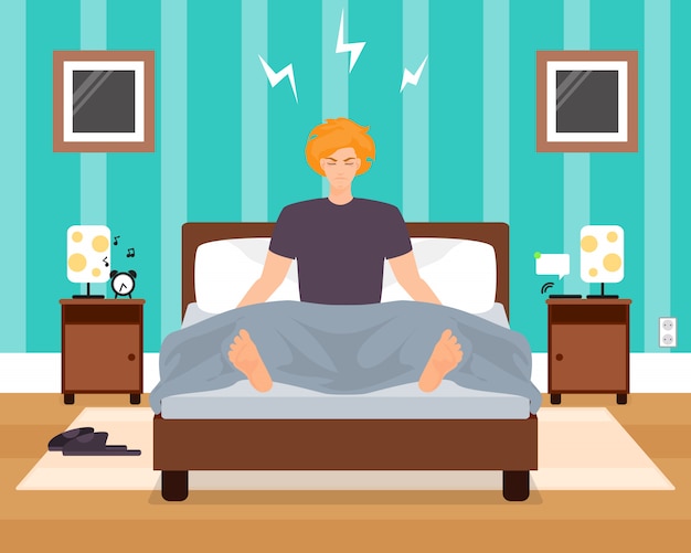 Vector despertando en el mal humor joven hombre ilustración vectorial. chico escuchando el despertador mientras estaba sentado en la cama con los ojos cerrados. interior del dormitorio. diseño de estilo plano