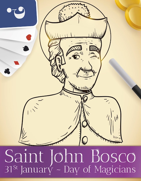 Vector desplácese con san juan bosco sorteo para el día de los magos con cartas varita y monedas