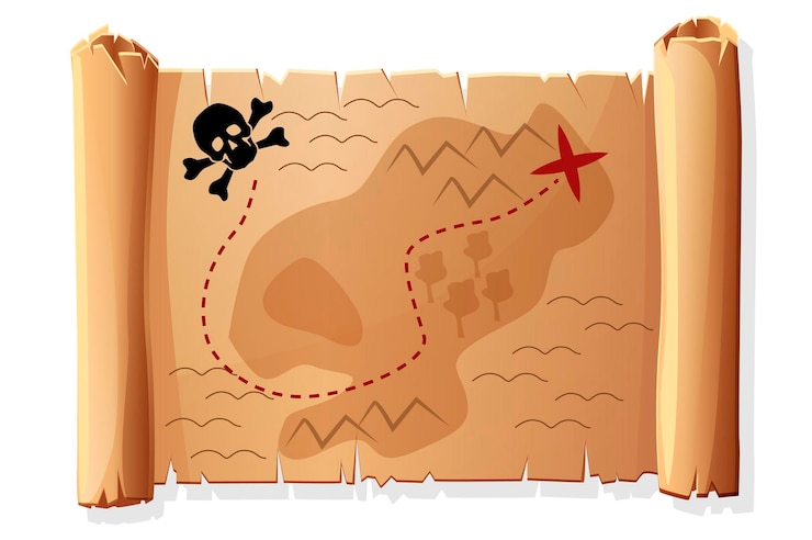 Vector desplazamiento del mapa antiguo, mapa del tesoro antiguo pirata para el juego.