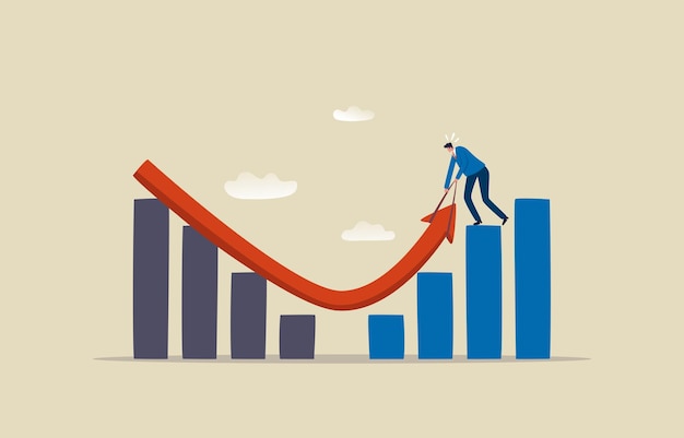 Desplome del mercado de valores y escape Índice del mercado de acciones para cambiar de dirección Crecimiento de la inversión El hombre de negocios saca la ilustración del gráfico de flecha roja