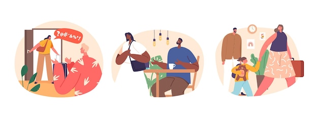 Después de una decisión dolorosa, los hombres y las mujeres decidieron separarse y poner fin a su relación, las emociones se dispararon al enfrentar la difícil realidad de la separación, personas de dibujos animados, ilustración vectorial