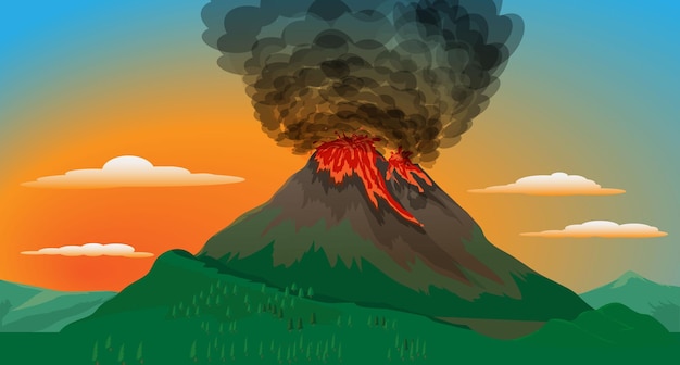 Vector después de la erupción de una montaña volcánica la lava fluye por la montaña