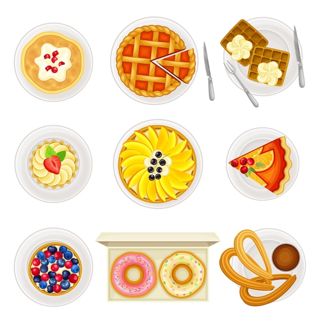 Desserts azucarados con pastel de frutas y tarta servidos en un conjunto vectorial de platos