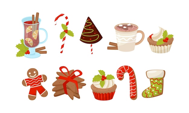 Desserts Set Gingerbread Cookies Candy Canes Cacao con marshmallows Vino mulled Año Nuevo Navidad Fiestas Elementos decorativos Ilustración vectorial en un fondo blanco