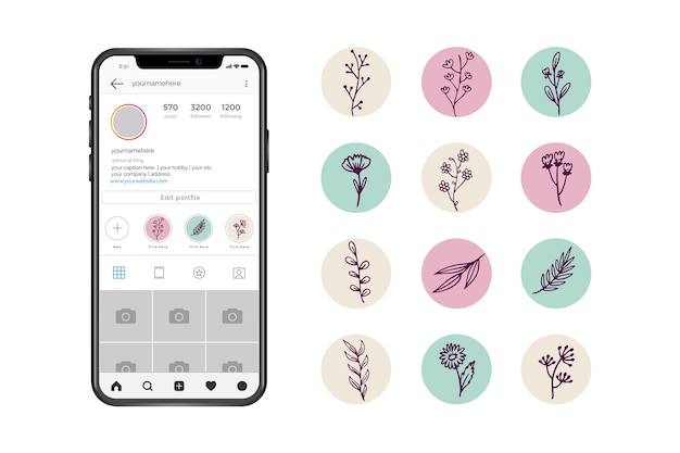 Vector destacados de historias florales dibujadas a mano en instagram