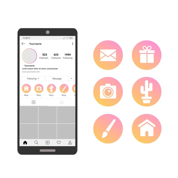Vector destacados historias de gradiente de instagram con teléfono móvil
