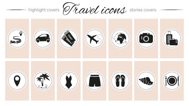 Destacados de Instagram para historias de viajes, portadas, íconos, pegatinas para viajes en automóvil, vuelos, boletos, playa