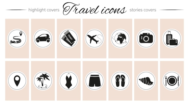 Vector destacados de instagram para historias de viajes, portadas, íconos, pegatinas para viajes en automóvil, vuelos, boletos, playa