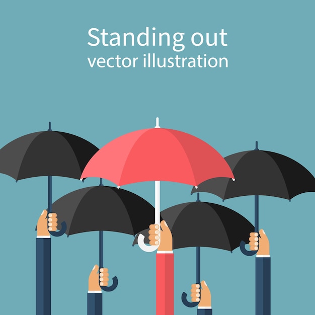Destacándose entre la multitud. Singularidad e individualidad. concepto de diferencia. Hombre que sostiene un paraguas rojo entre personas con paraguas negros. Diseño plano de ilustración vectorial. Aislado en el fondo.