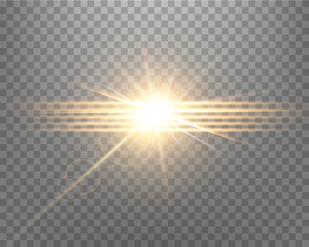 Destello de lente de luz solar, flash de sol con rayos y foco. explosión de ráfaga brillante de oro sobre un fondo transparente. ilustración vectorial.