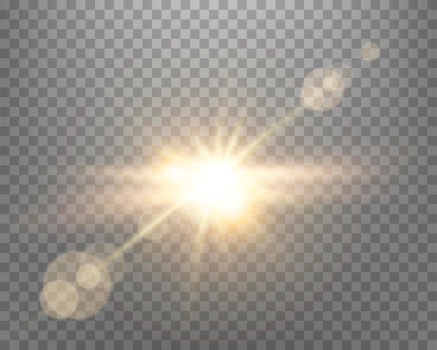 Destello de lente de luz solar, flash de sol con rayos y foco. Explosión de ráfaga brillante de oro sobre un fondo transparente. Ilustración vectorial.