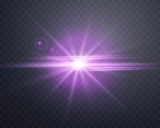 Destello de lente de luz solar púrpura con rayos y foco Explosión de ráfaga brillante sobre un fondo transparente