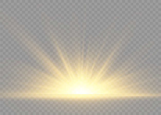 Destello de sol con rayos y foco. La estrella estalló de brillo. Amarillo brillante luces rayos del sol. Efecto de luces especiales aislado sobre fondo transparente.