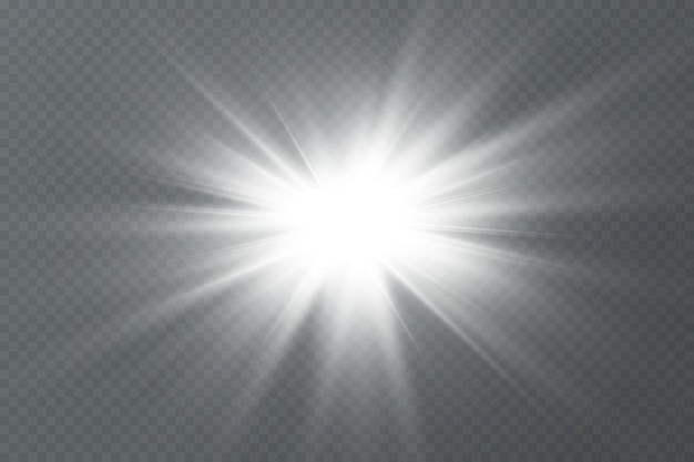 Destellos blancos. Estrella brillante. Explosión de resplandor. Rayos del sol sobre un fondo transparente.