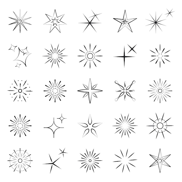 Destellos, destellos y fuegos artificiales. Iconos lineales negros sobre fondo blanco. ilustración