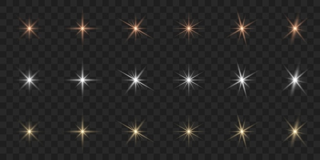 Destellos de destellos de luz sobre fondo transparente Resplandor Efecto de brillo de estrellas Destello brillante Conjunto de brillo Deslumbramiento
