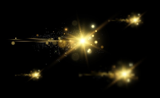 Destellos dorados, magia, efecto de luz brillante sobre un fondo transparente.