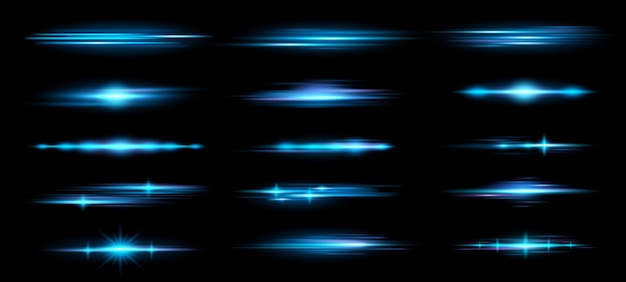 Destellos de lentes horizontales Rayos de luz horizontales azules líneas luminosas efecto de brillo y conjunto de vectores de superposición de destellos anamórficos