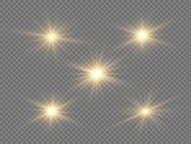 Destellos de sol amarillo Destello brillante Llamarada de iluminación Establecer efecto de luz brillante Chispas de estrella de brillo Vector