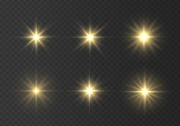 Destellos de sol amarillo Destello brillante Llamarada de iluminación Establecer efecto de luz brillante Chispas de estrella de brillo Vector