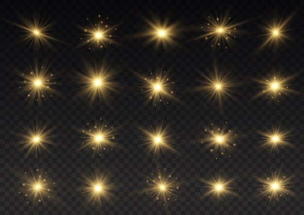 Destellos de sol amarillo Destello brillante Llamarada de iluminación Establecer efecto de luz brillante Chispas de estrella de brillo Vector