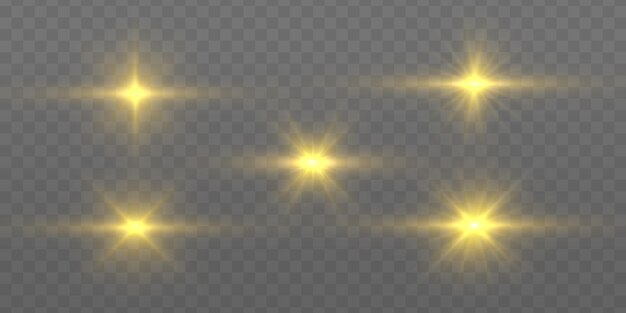 Destellos de sol amarillo Destello brillante Llamarada de iluminación Establecer efecto de luz brillante Chispas de estrella de brillo Vector
