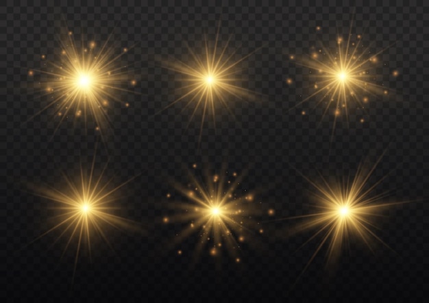 Destellos de sol amarillo Destello brillante Llamarada de iluminación Establecer efecto de luz brillante Chispas de estrella de brillo Vector