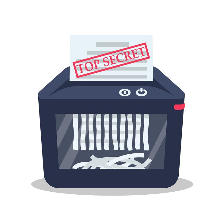 Vector destrucción de documentos secretos máquina trituradora de alto secreto trituradora de papel estilo de dibujos animados diseño plano de ilustración vectorial aislado sobre fondo blanco protección de la información