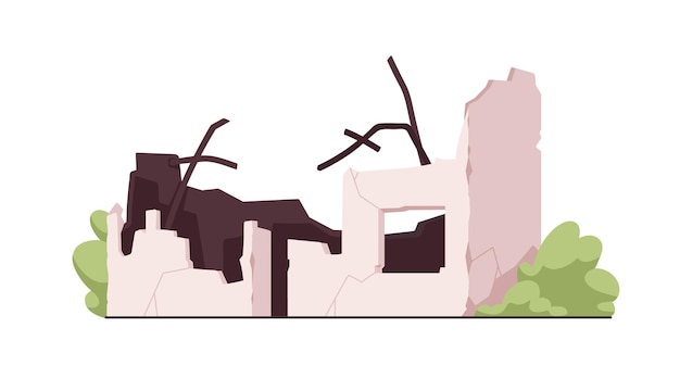 Destruido edificio demolido destruido ruinas rotas paredes agrietadas barras de construcción derrumbada destrozada destruida casa destrozada ilustración vectorial plana aislada sobre fondo blanco