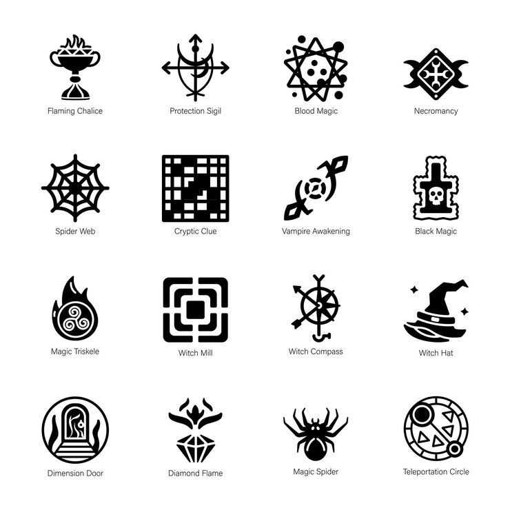 Vector desvelar los misterios esotéricos con nuestros íconos místicos glifo de la brujería y los tesoros del tarot a pow