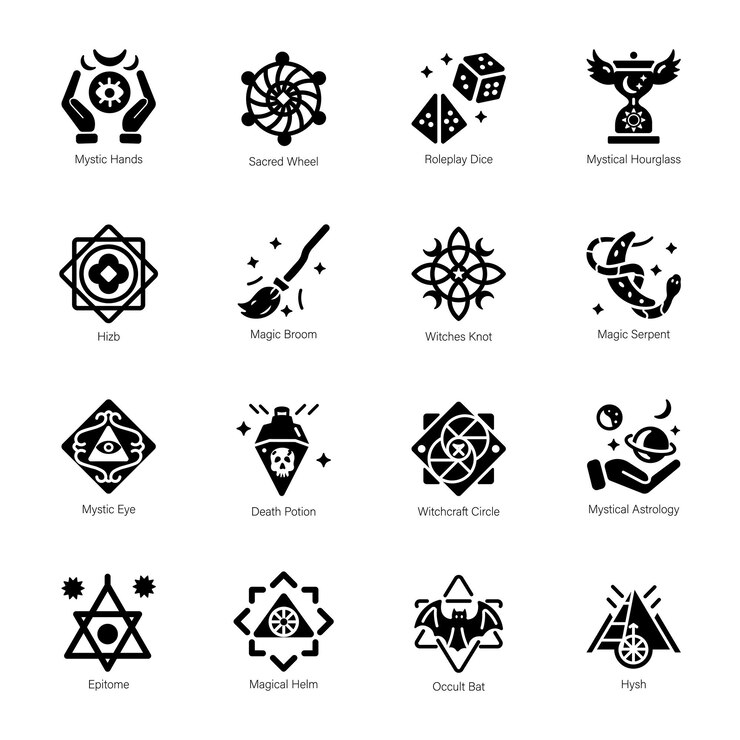 Vector desvelar los misterios esotéricos con nuestros íconos místicos glifo de la brujería y los tesoros del tarot a pow