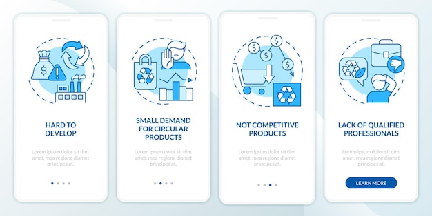 Desventajas de la economía circular pantalla de aplicación móvil de incorporación azul Tutorial 4 pasos páginas de instrucciones gráficas con conceptos lineales UI UX Plantilla de GUI Myriad ProBold Fuentes regulares utilizadas