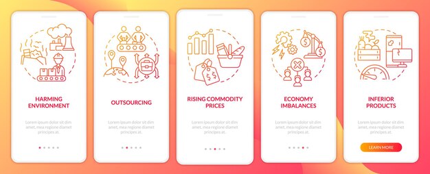 Desventajas de la economía de mercado Pantalla de aplicación móvil de incorporación de degradado rojo Tutorial 5 pasos páginas de instrucciones gráficas con conceptos lineales UI UX Plantilla de GUI Myriad ProBold Fuentes regulares utilizadas