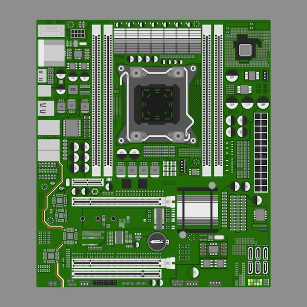 Detailed illustration of a green motherboard with various components