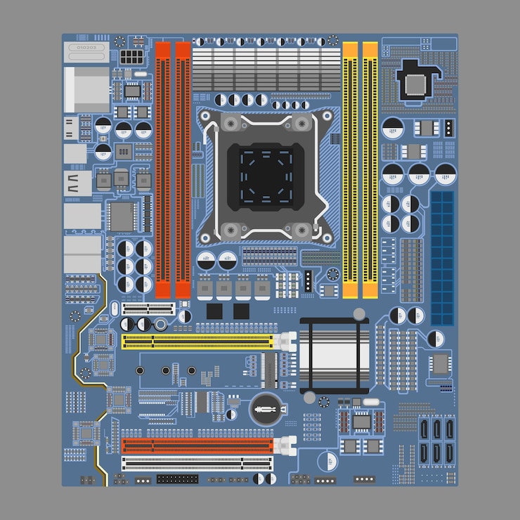 Vector detailed illustration of a modern computer motherboard