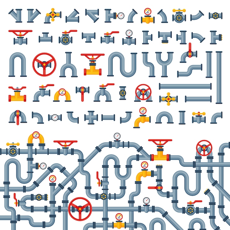 Vector detalla tuberías de diferentes tipos de colección de tubos de agua de la industria de la construcción de válvulas de gas y tuberías de tecnología de presión industrial de petróleo.