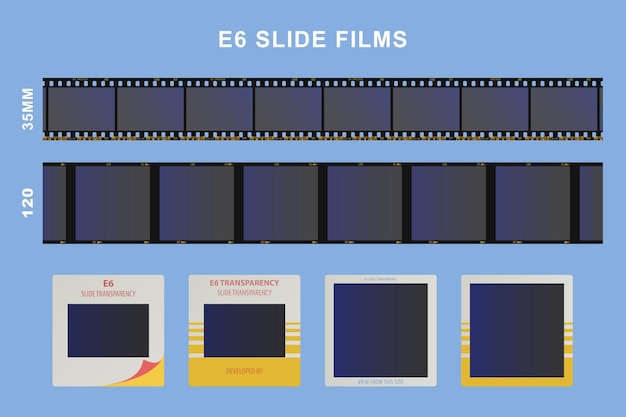 Vector detalladas tiras de película e6 y diapositivas gráficas vectoriales