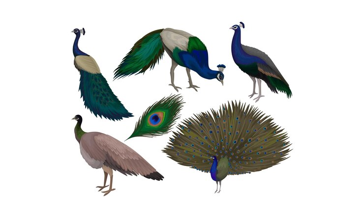Vector detallado hermoso conjunto vectorial de pavos reales aves silvestres con plumas coloridas tema de vida silvestre y fauna