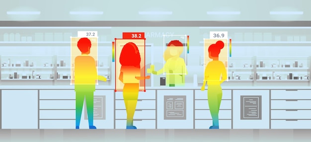 Detectando la temperatura corporal elevada de las personas en la farmacia, comprobando mediante una cámara térmica de ia sin contacto detener el concepto de brote de coronavirus ilustración vectorial horizontal