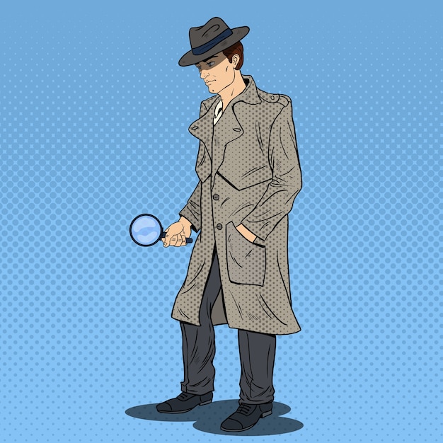 Vector detective de arte pop buscando con lupa