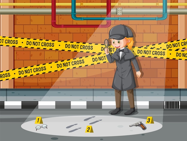 Vector detective buscando pistas con lupa en escena