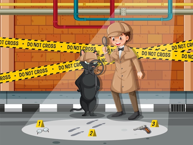 Vector detective buscando pistas con lupa en escena