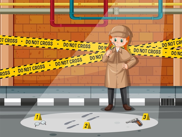 Vector detective buscando pistas con lupa en escena