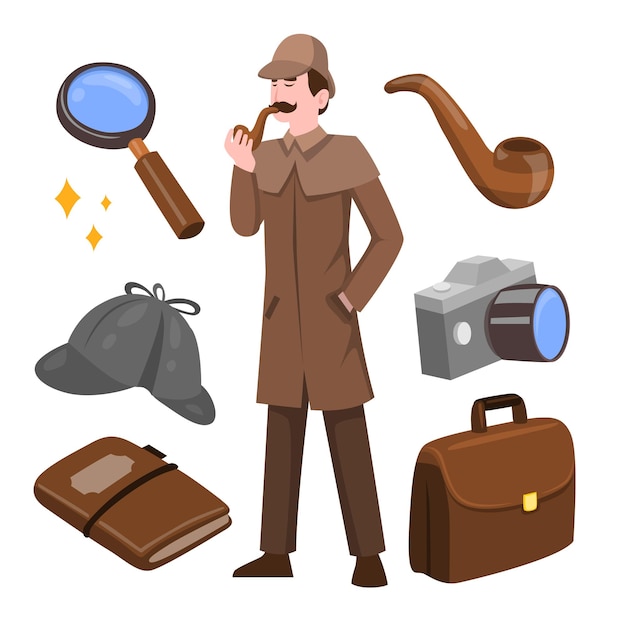 Detective espía con pipa de humo, cámara, maletín, sombrero, libro y lupa