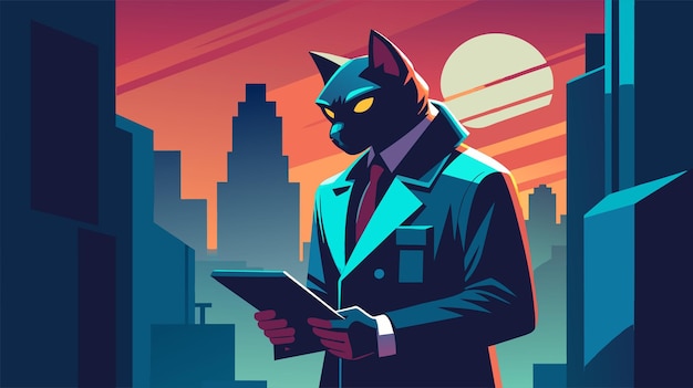 Vector detective gato antropomórfico en un traje elegante de pie en una escena de puesta de sol urbana