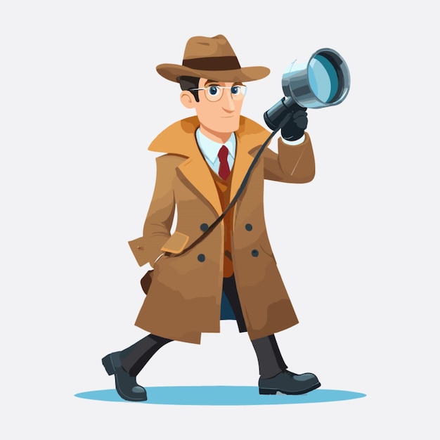 Vector detective con lente de aumento de vector sobre fondo blanco