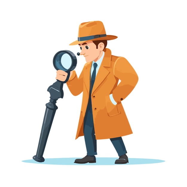 Vector detective con lente de aumento de vector sobre fondo blanco