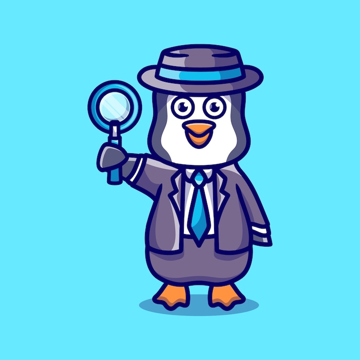 Vector detective lindo pingüino con una lupa