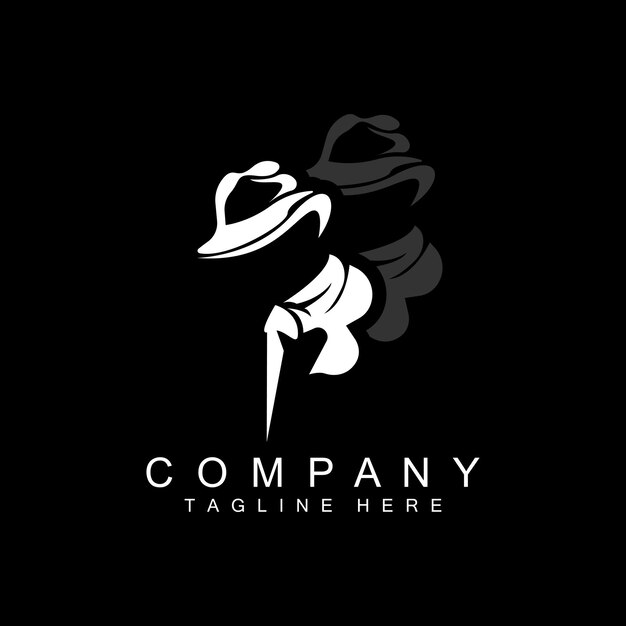 Detective Man Logo Design Mafia Detective Moda Esmoquin y Sombrero Ilustración Vector BlackMan Businesman Icon
