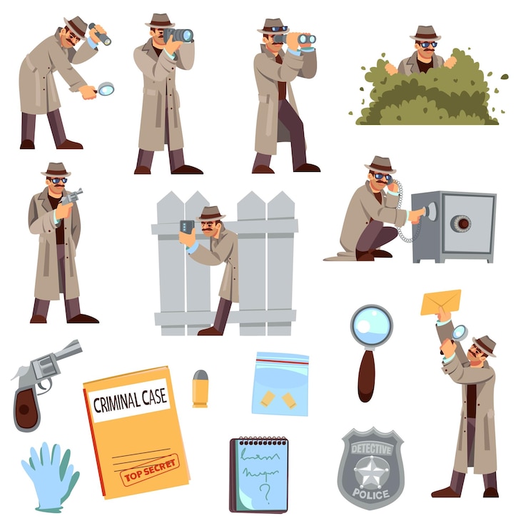 Vector detective o espía investigador que encuentra pruebas inspector de política personaje secreto con aparatos y cuaderno hombre con impermeable y sombrero
